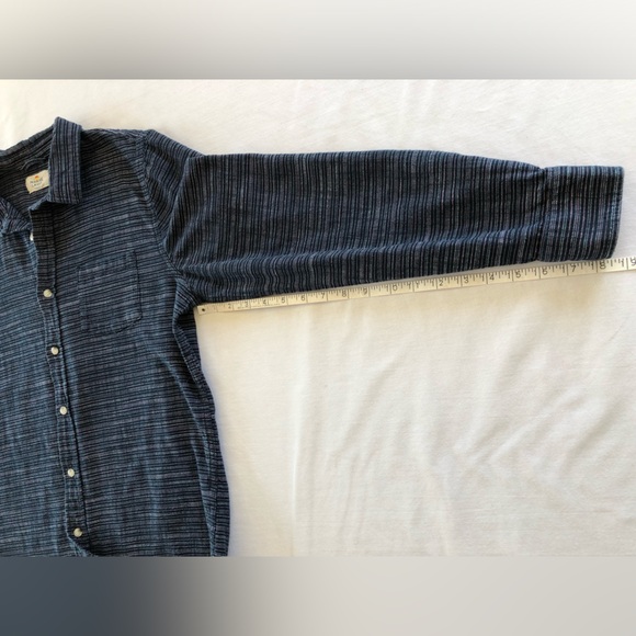 Marine Layer Simple Stripe Selvage Shirt in Mood Indigo/White Stripe.100% Cotton - Picture 7 of 10
